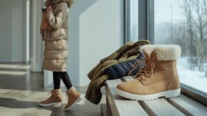 baner na wpis kurtka buty na tle okna