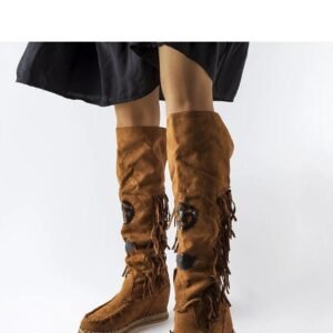 Brązowe kozaki na koturnie Cascia z frędzlami - Solea